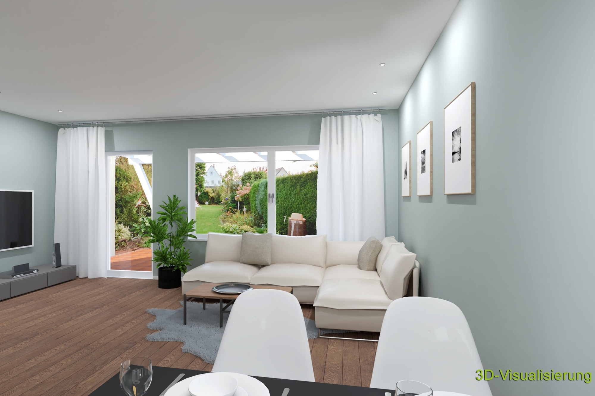 Visualisierung Wohnzimmer mit Blick in den Garten